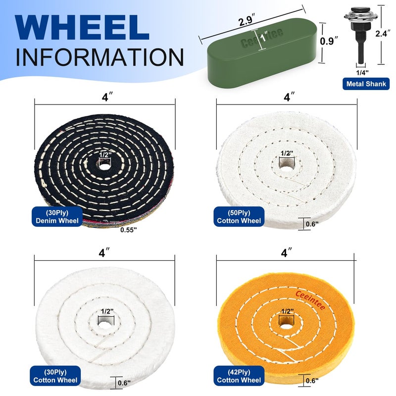 Ceeintee 10Pcs 4'' Buffing Polishing Wheel with 1/4‘’ Drill Shank， Include 1/2" Arbor Hole 2 Yellow Cotton/2 White Cotton Polish Wheels/1 Soft Flannel Buffing Wheel/1 Denim Wheel &3 Polishing Compound - Image 2